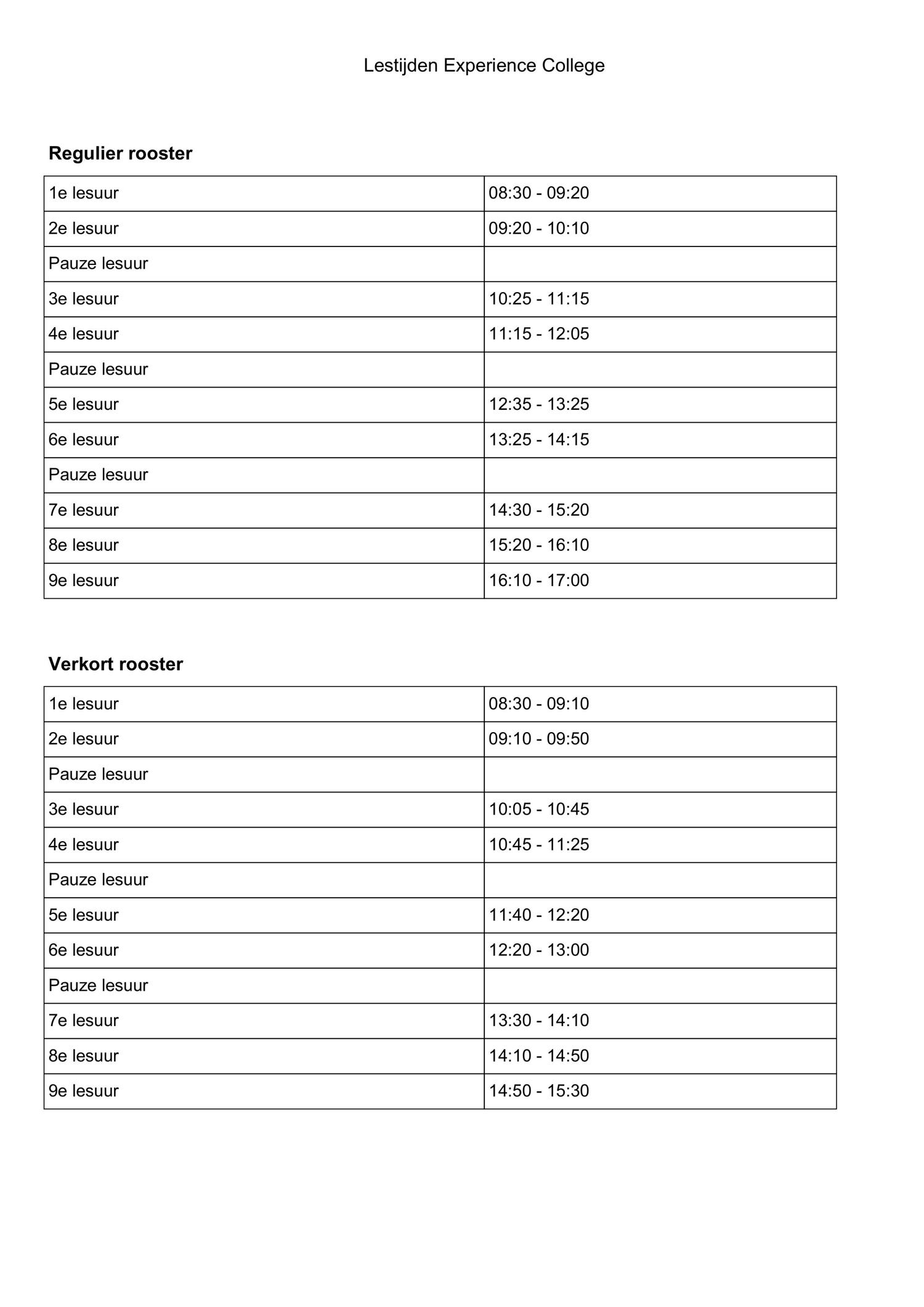 Lestijden Experience College (1)